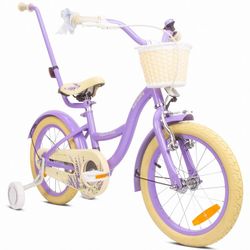 sun baby FLOWER BIKE Børnecykel 16 tommer - kurv, justerbar sadel og styr, ringklokke, støttehjul, skærme - Lavendelblå
