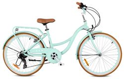 SUN BABY Flower Retro Bike 24" barncykel för flickor, 7 växlar Shimano RevoShift, V-bromsar, pakethållare, skärmar, stöd och reflexer - Mintgrön