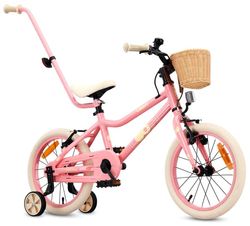 Sun Baby Børnecykel 16 tommer LOOFI, Cykel til børn – Pige 4-6 år, maks. 50 kg – let aluminiumsstel, med støttehjul, kurv, ringklokke, klistermærker – Lyserød