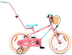 Sun Baby Børnecykel 16 tommer LOVEL, Cykel til børn - Pige 4-6 år, maks. 50 kg - støttehjul, kurv, ringklokke, kædeskærm, håndtag - Lyserød-Mintgrøn