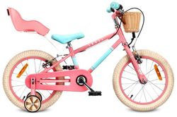 Sun Baby Børnecykel 16 tommer LOVEL, Cykel til børn - Pige 4-6 år, maks. 50 kg – dukkevogn, støttehjul, kurv, ringklokke, kædeskærm – Rosa-Mintgrøn
