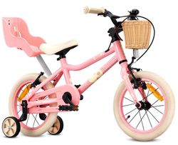 Sun Baby Børnecykel 14 Tommer LOOFI, Cykel til børn - Pige 3-5 År, Max 50 kg - let 6,6 kg, aluminiumsramme, med dukkesæde, støttehjul, kurv, ringeklokke, klistermærker - Rosa