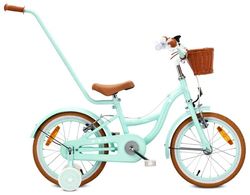 Sun Baby Børnecykel 16 tommer FLOWER BIKE Retro, Cykel til børn - Pige 4-6 år, maks. 50 kg - V-bremser, støttehjul, ringklokke, reflekser, stålramme, justerbar - Mintgrøn