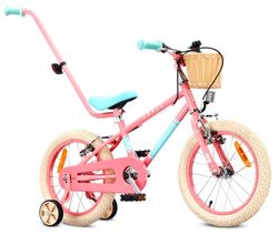 Sun Baby Børnecykel 16 tommer LOVEL, Cykel til børn - Pige 4-6 år, maks. 50 kg - støttehjul, kurv, ringklokke, kædeskærm, håndtag - Lyserød-Mintgrøn
