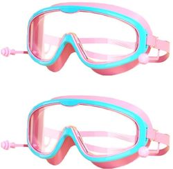 To par børnesvømmebriller, store børnesvømmebriller, high-definition stor ramme, til børn i alderen 3-16 år, pink, grøn