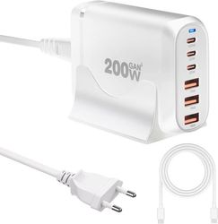 200W USB-C GaN 6-ports hurtigoplader med Power Delivery 3.0 & QC 3.0, inkluderer 100W USB-C kabel, kompakt ladestation til rejser