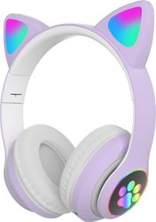 Hörlurar för barn - Kattöronslurar | Trådlösa Bluetooth-hörlurar med lila LED-kattöron | Hörlurar för barn - med LED-kattöron | Med lysande tassar