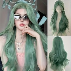 Anxin grøn lang krøllet paryk til kvinder, naturlige fluffy store bølger, daglig sød cosplay fuld hovedbeklædning