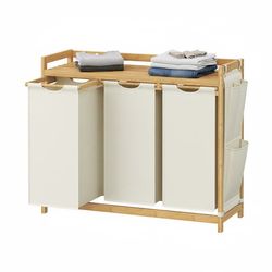 Tvättkorg med 3 fack, bambu, tvättkorg 150 l