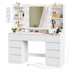VASAGLE KAILYN-kollektion – Toiletbord med LED-spejl, toiletbord med stikkontakter, 9 skuffer, 9 dæmpbare pærer, 3 lysfarver, værktøjsfri montering af glideskinner, Cloud White