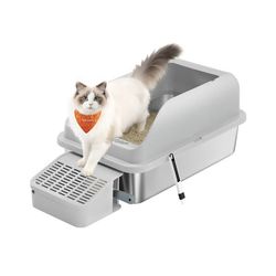 Kattlåda i rostfritt stål med hög kant och tillbehör