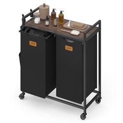 VASAGLE tvättkorg, tvättsamlare, tvättsorterare, hjul, tvättvagn med hylla, små sidofickor, 6 etiketter, 2 fack, 100 L, bläcksvart-askbrun