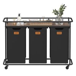 VASAGLE tvättkorg med hjul, tvättkorg med 3 fack, 150 L, tvättsorterare med hylla, tvättvagn, avtagbara påsar, 6 etiketter, tvättstuga, bläcksvart-askbrun