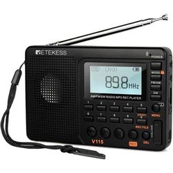 Retecess V115 Bärbar Radio, Liten Laddningsbar Radio, FM AM SW, Batterier och Elnät, TF-kort, Inspelare, MP3, Sleep Timer