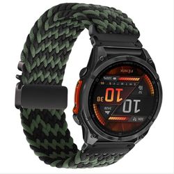 Elastisk nylon vevd klokkereim kompatibel med Garmin Fenix 8/7X Pro/955/965 hurtigutløsende magnetisk spenne Black+Green 22 mm
