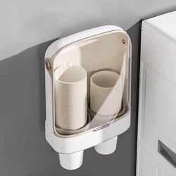 Ingen borrning väggmonterad dubbelrör kopphållare för ca 80 muggar, ABS med transparent flip-lock, dammskyddad och en åt gången utdelning, självhäftande för släta väggar och vattenautomater White