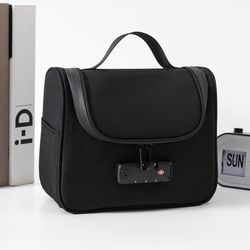 Låsbar Toilettaske - Oxford Stof Kodeopbevaringspose, Sikker Rejse Kosmetik Organizer Black