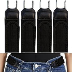 4-pack kardborre midjebälte med justerbar järnhake – lågprofil elastiskt midjeband i polyester och zinklegering, osynligt under kläder Black