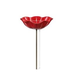 Håndlavet metal blomsterhavepind med blomsterformet rød skål til fuglebad og fuglefoder, dekorativ udendørs havepind 15cm x 15cm x 60cm