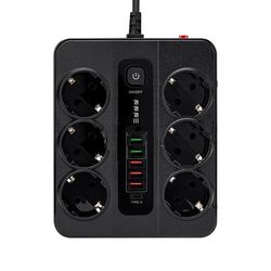 EU 6-kontakter, 5 USB-porter, 1 USB-C-port Black