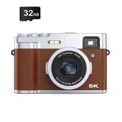 Digitalkamera 5k med kamera foran og bak, autofokus og anti-shake Brown