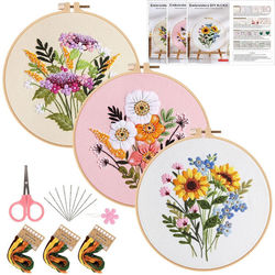 DIY Håndbroderi Startpakke - 3 Sett med Blomstermønstre, Ramme og Verktøy - Kreativt Broderisett