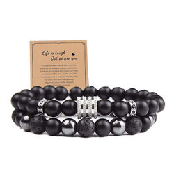 Vulkanisk Sten Svart Matt Hematit Armband Set - Elastiska Pärlsmycken, Kompatibelt med alla