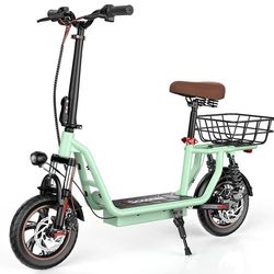 Pendler-el-scooter iScooter i12 – 500 W motor, indbygget sæde, rækkevidde 35 km, 12-tommer dæk, 120 kg lastekapacitet, grøn