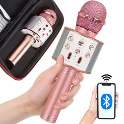 Trådløs mikrofon bluetooth karaoke højttaler rund med etui forskellige tilstande - Pink
