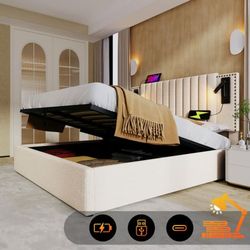 Dubbel säng 160x200 - MUVOE - Beige - Inbyggd förvaring - USB-portar - Justerbar sänggavel