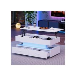 Hydraulisk soffbord - MUVOE - Höjdjusterbar - 2 lådor - LED-belysning - Vit