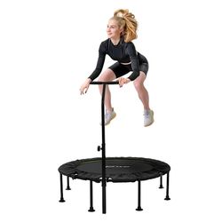 Hauki Fitness Trampolin Indoor foldbar Grøn Ø122 cm, Stille rebound trampolin med højdejusterbart håndtag, Mini Trampolin Bungees Workout Exercise