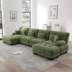 Modulär hörnsoffa, U-format sofaset för vardagsrum, 4-sits bekväm molnsoffa med flyttbar pall, DIY-kombination, chenille, grön