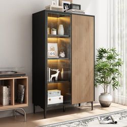 Modern vintage vitrinskåp 90×40×135 cm i svart träton med två dörrar varav en glasdörr av MDF för vardagsrum, sovrum, hall och matsal