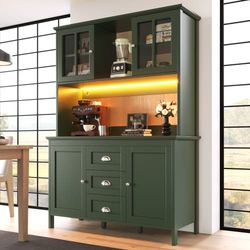 Køkkenskab 120x40x179 cm, høje, sideboard, brune glasdøre & LED – grøn