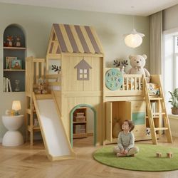 Højseng med rutsjebane, husdesign, 3-trinsstige, hylder, skuffer & garderobe – fyr+MDF, natur+grøn, børn