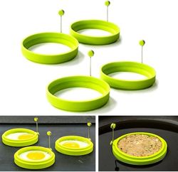 Sæt med 4 silikone æggeringe - Non-stick pandekageforme - Rund bageform med håndtag til stegning (grøn)