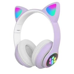 (lilla) Trådløse Bluetooth-hodetelefoner for barn, barnehodetelefoner med LED-lys og mikrofon, katteører, stereohodesett med lyd