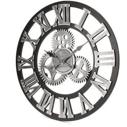 (Silver) Vintage träväggklocka - TEMPSA - 60cm - Silver - Retrostil 3D metallväxel