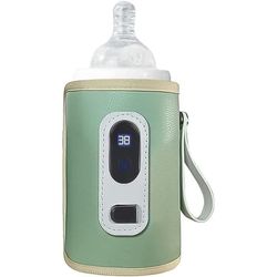 1 stk. bærbar, temperaturregulerbar babyflaskevarmer, trådløs USB-babyflaskevarmer, bilbabyflaskevarmer med LCD-skjerm, grønn