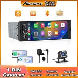 AWESAFE Autoradio 1 DIN CarPlay og Android Auto med 6.36'' Touchskærm HD Bluetooth 5.0 Bakkamera inkluderet, FM USB Type C GPS