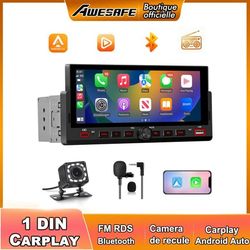AWESAFE Autoradio Carplay 1 DIN Trådløs 6.86'' IPS Skærm Sølv Carplay Android Auto Bluetooth SD Bagkamera Inkluderet