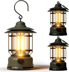 3-pack LED Campinglampa - 1500LM Steglöst Dimbar - Uppladdningsbar - Lättvikts Retro - För Camping och Nödsituationer - Grön