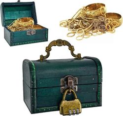 Vintage Träskattkista med Lås, Piratdesign, Idealisk för Förvaring av Smycken, Halsband och Örhängen