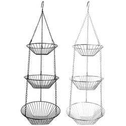 3-vånings frukt- och grönsakskorg, svart järn, retrostil, 28 cm + 25 cm + 23 cm (H: 86 cm), för upphängning eller placering på bänken - svart