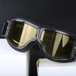 Vintage Aviator Pilot Style Motorcykelglasögon Läder Cruiser Scooter Motocross Glasögon för Män, Kvinnor och Vuxna - Svart