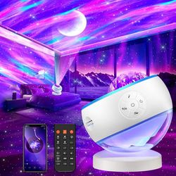 Lys Nordlys Projektor - 16 Farver Med 15 Hvid Støj Lyde, 5 Måne- og Stjerne Aurora Effekter - Bluetooth og Fjernbetjening + Timer