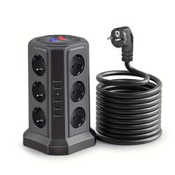 Tornförlängningskabel med USB-portar 1,8 m och 18 W USB C-snabbladdare, 5 USB-portar och 12-vägs tornförlängningskabel, överspänningsskydd