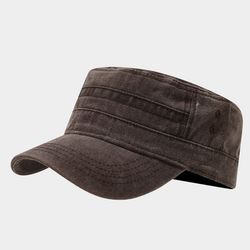 Unisex Cadet Army Hood – Vintage tvättad bomull militärkeps – Justerbar platt toppkeps – Brun