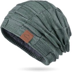 Ternet damehue, åndbar strikket herrehue, blødt fleecefor, løs strikhue, unisex vinterhue, klassisk unisex efterår/vinter/forår, Grøn
